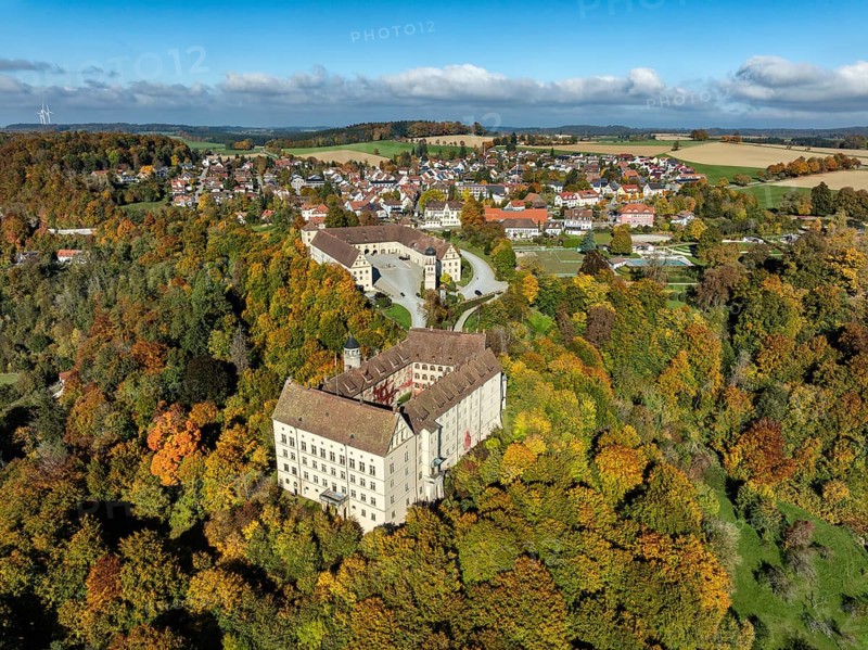 Aerial view of Heiligenberg Castle, a Renaissance-style palace complex, Tübingen administrative district, Lake Constance, Linzgau, Baden-Württemberg, Germany