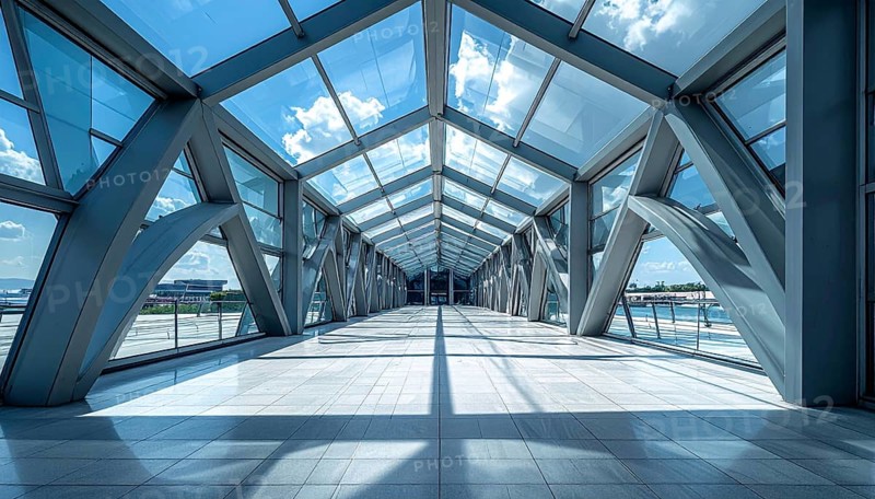 Modern architectural framework with glass and steel structure, glass facade with a greed of steel arrows, blue sky with a soft golden light of a sunrise, AI generated