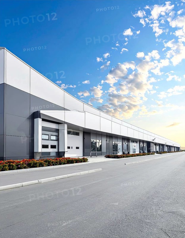 Modern supermarket building exterior against blue sky, Inviting white facade, some clouds, concept of shopping and consume, AI generated