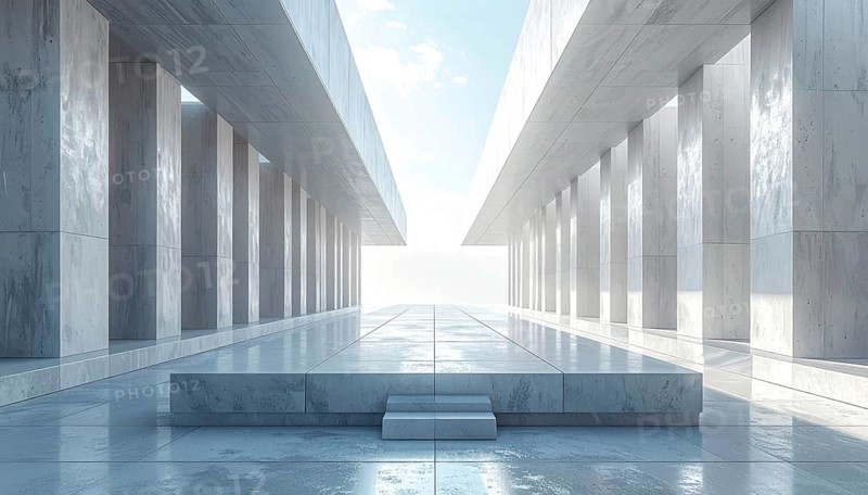 3d illustration of abstract modern architecture background, Minimal geometry architectural design, futuristic car presentation backdrop with empty concrete floor and clear simple lines, white and grey color tones, AI generated