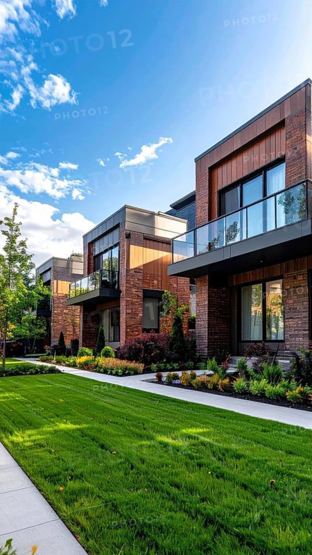 Modern apartment building with balconies and well-kept landscaping at sunset, Modern multifamily housing property with brick, siding facade features balconies, manicured lawns. Contemporary residential buildings offer urban living spaces, condominium options in scenic town, blue sky with a colorful sunrise, AI gererated, AI generated