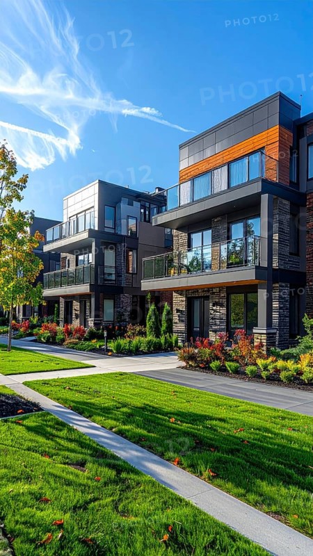 Modern apartment building with balconies and well-kept landscaping at sunset, Modern multifamily housing property with brick, siding facade features balconies, manicured lawns. Contemporary residential buildings offer urban living spaces, condominium options in scenic town, blue sky with a colorful sunrise, AI gererated, AI generated