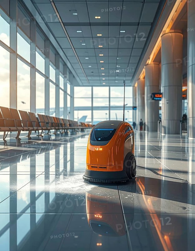 Autonomous cleaning roboter at modern airport terminal, showcasing advanced technology, daylight in the hall, the future of autonomous cleaning industry, AI generated