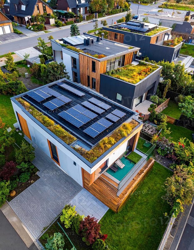 Aerial view showcases modern houses with solar panels and green roofs in a suburban setting, vibrant sunrise with blue sky, AI generated