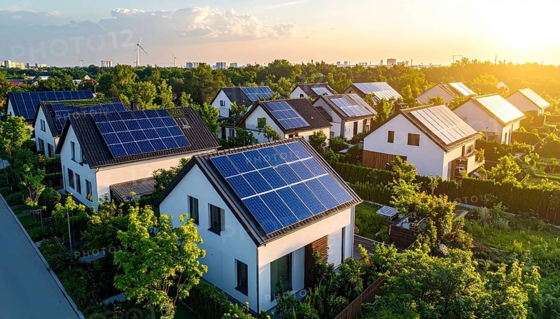 Aerial view showcases modern houses with solar panels and green roofs in a suburban setting, vibrant sunrise with blue sky, AI generated
