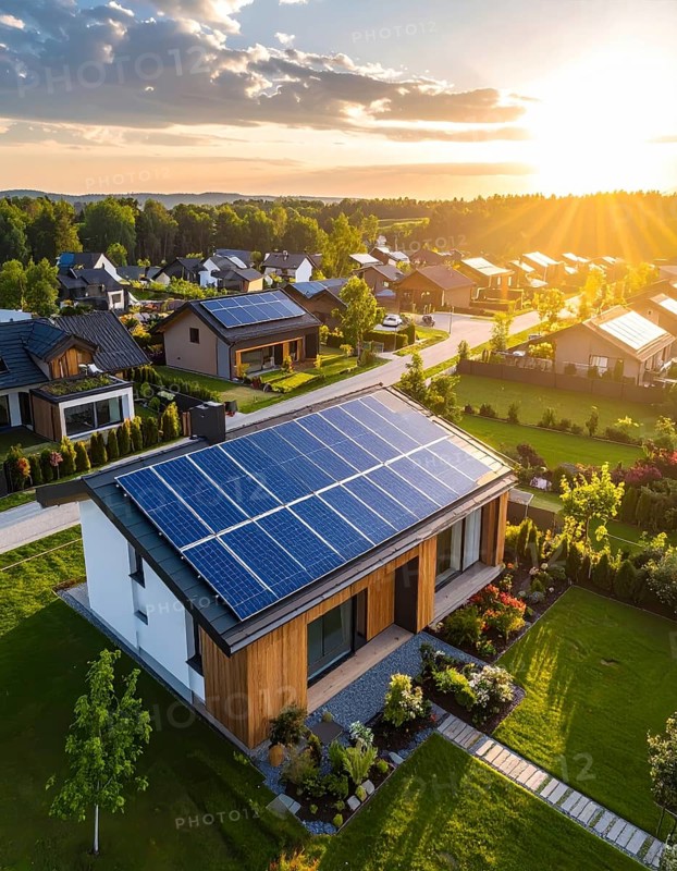 Aerial view showcases modern houses with solar panels and green roofs in a suburban setting, vibrant sunrise with blue sky, AI generated