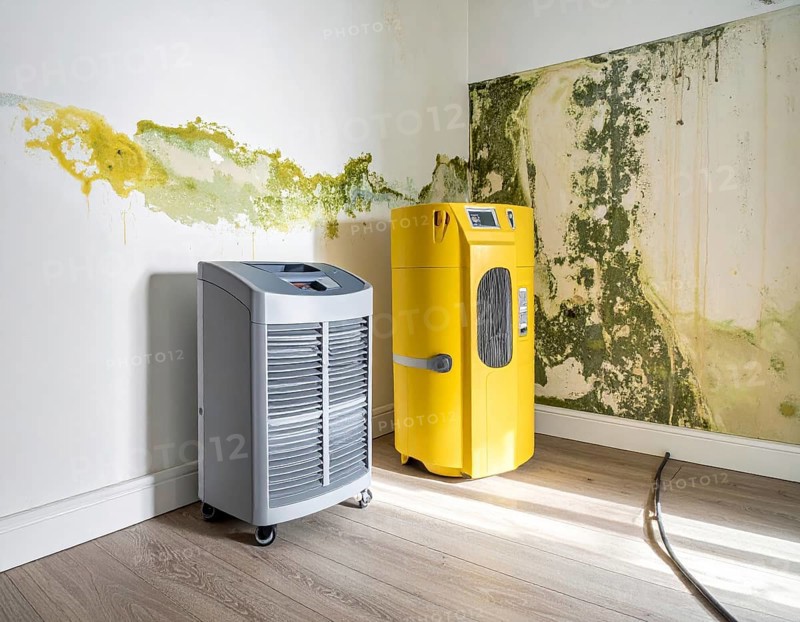 A specialized dehumidifier operates in a mold-infested room following water damage, Shell construction at construction site, AI generated