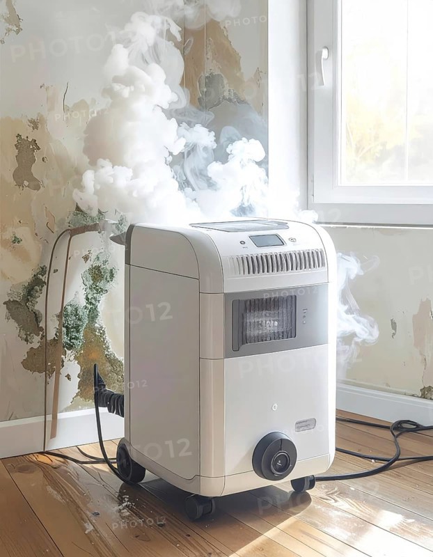 A specialized dehumidifier operates in a mold-infested room following water damage, Shell construction at construction site, AI generated