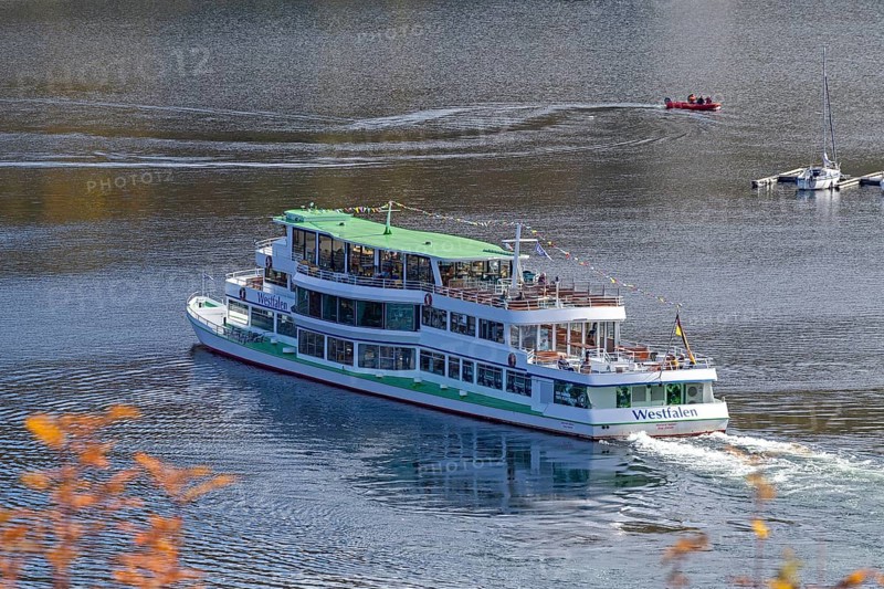 Excursion boat, Biggesee near Sondern, Olpe, Sauerland, North Rhine-Westphalia, Germany