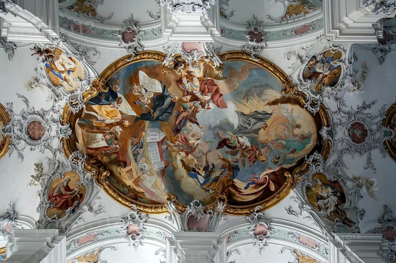 St. George and James Catholic Church, interior view, ceiling frescoes, Isny, Allgäu, Baden-Württemberg, Germany