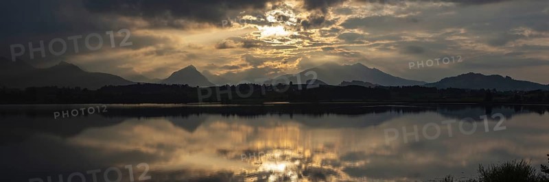 Sunset, Hopfensee, Hopfen am See, near Füssen, Ostallgäu, Allgäu, Bavaria, Germany