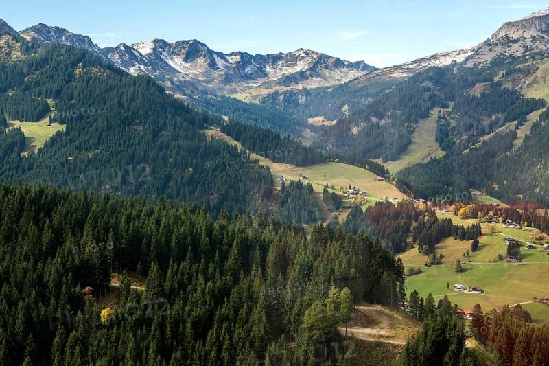 View of Kleinwalsertal and Schwarzwassertal, back mountains of the Allgäu Alps, Vorarlberg, Austria