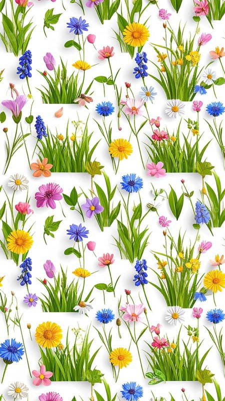 Vibrant wildflowers and grass create a colorful and joyful floral pattern, Variety of wild flowers, spring plant and grass seamless pattern, vibrant realistic vector illustration wallpaper, a spring natural colorful background as template or poster, AI generated