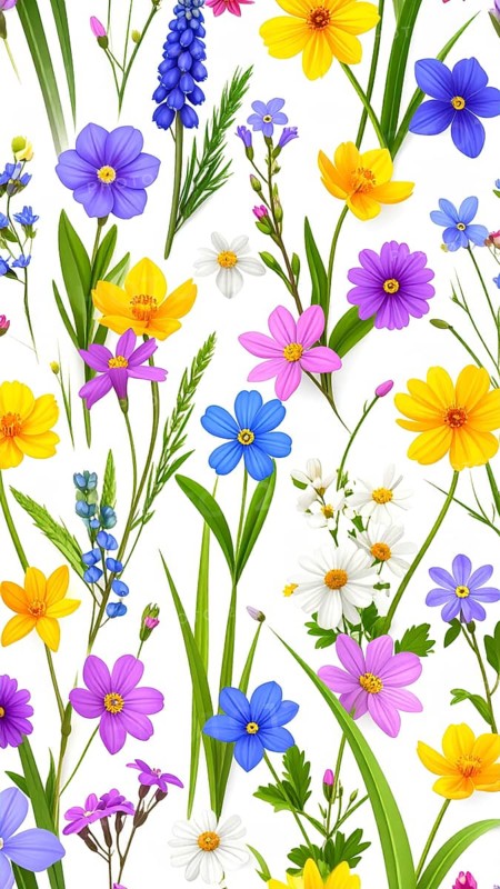Vibrant wildflowers and grass create a colorful and joyful floral pattern, Variety of wild flowers, spring plant and grass seamless pattern, vibrant realistic vector illustration wallpaper, a spring natural colorful background as template or poster, AI generated