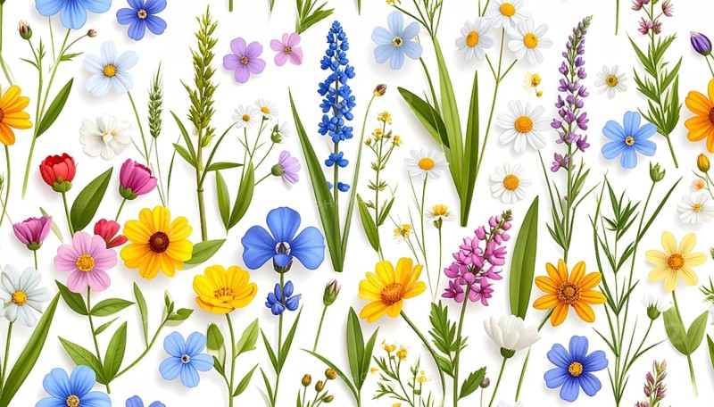 Vibrant wildflowers and grass create a colorful and joyful floral pattern, Variety of wild flowers, spring plant and grass seamless pattern, vibrant realistic vector illustration wallpaper, a spring natural colorful background as template or poster, AI generated