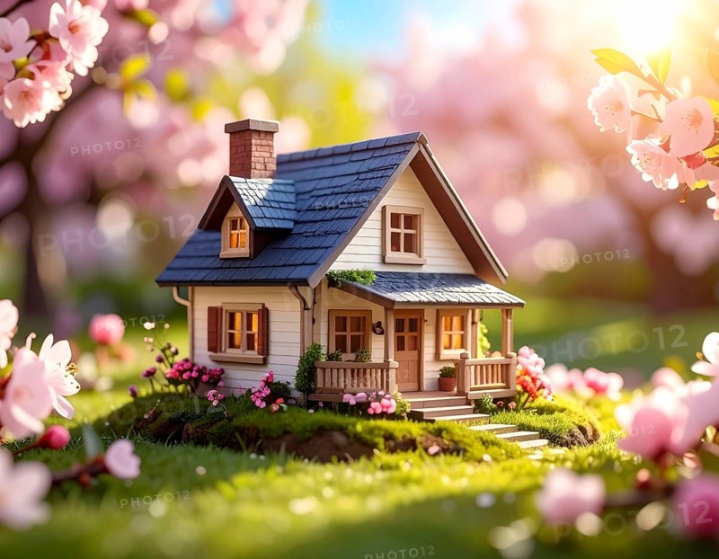 A miniature house surrounded by blooming cherry blossoms and warm sunlight, creating a peaceful and idyllic spring atmosphere, toy house on blossom cherry flowers, spring natural background. concept of mortgage, construction, rental, family and property, AI generated