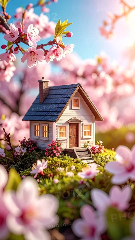 A miniature house surrounded by blooming cherry blossoms and warm sunlight, creating a peaceful and idyllic spring atmosphere, toy house on blossom cherry flowers, spring natural background. concept of mortgage, construction, rental, family and property, AI generated