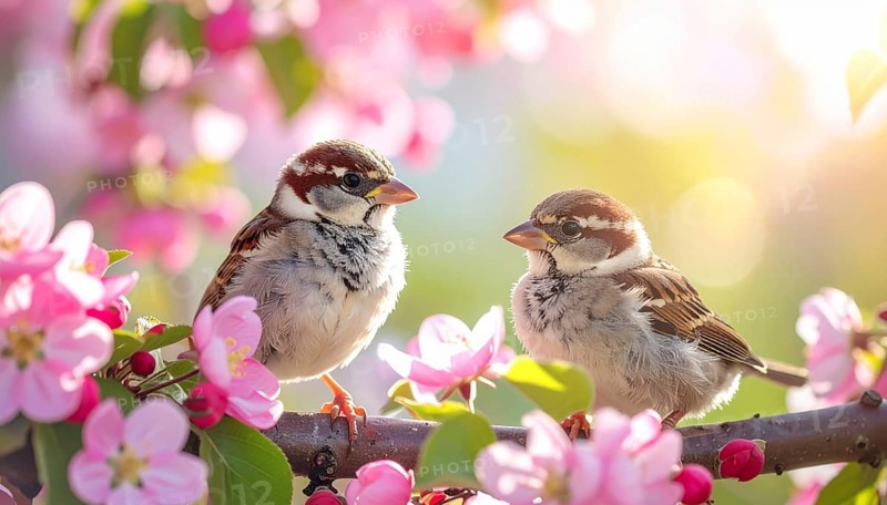 Small funny Sparrow Chicks sit in the garden surrounded by pink Apple blossoms on a Sunny may day, AI generated