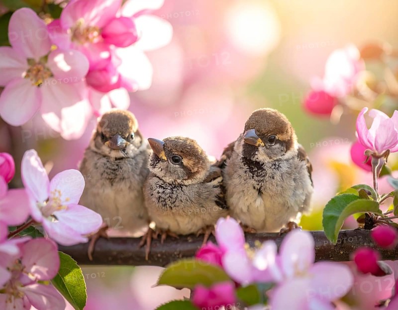 Small funny Sparrow Chicks sit in the garden surrounded by pink Apple blossoms on a Sunny may day, AI generated