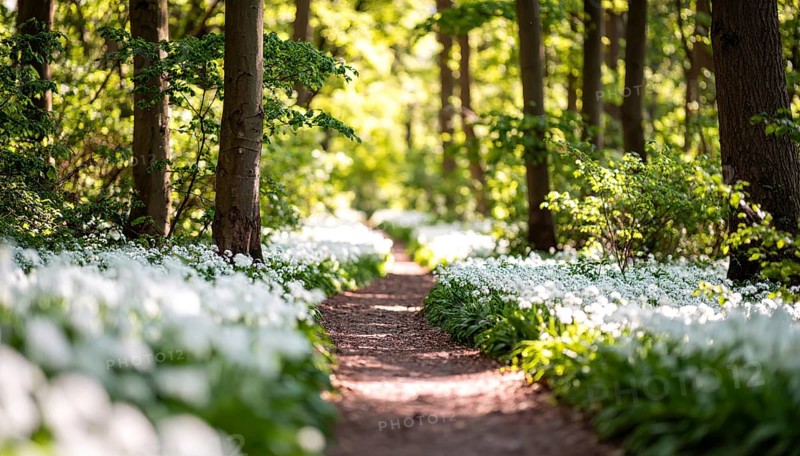 A tranquil forest path lined with white flowers, surrounded by tall trees and bathed in soft sunlight, Pathway through the forest with blooming wild garlic (Allium ursinum) sunny summer day, AI generated