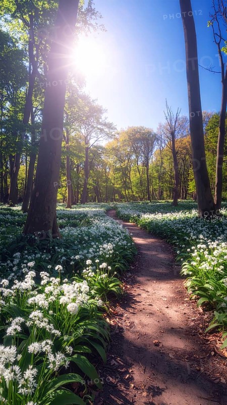 A tranquil forest path lined with white flowers, surrounded by tall trees and bathed in soft sunlight, Pathway through the forest with blooming wild garlic (Allium ursinum) sunny summer day, AI generated