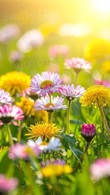 A sunny meadow with daisies in full bloom under bright sunlight, creating a vibrant and cheerful atmosphere, Blooming meadow with lots of white and pink spring daisy flowers and yellow dandelions, sunny day with blue clear sky, beautiful landscape in blurred background, fresh spring and summer nature concept, AI generated
