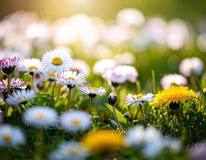 A sunny meadow with daisies in full bloom under bright sunlight, creating a vibrant and cheerful atmosphere, Blooming meadow with lots of white and pink spring daisy flowers and yellow dandelions, sunny day with blue clear sky, beautiful landscape in blurred background, fresh spring and summer nature concept, AI generated