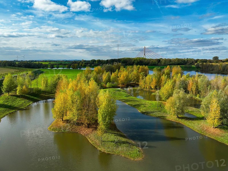 Wesel, Lower Rhine, North Rhine-Westphalia, Germany - autumn on the Lippe, trees with colorful autumn leaves in the restored river floodplain area of Büdericher Insel above the mouth of the Lippe into the Rhine, Lippe estuary nature reserve, in the back the Lower Rhine bridge Wesel