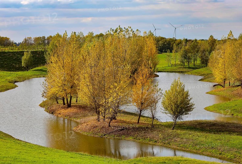 Wesel, Lower Rhine, North Rhine-Westphalia, Germany - autumn on the Lippe, trees with colorful autumn leaves in the restored river floodplain area of Büdericher Insel above the mouth of the Lippe into the Rhine, Lippe estuary nature reserve