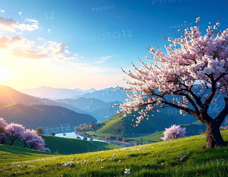 Landscape with a blooming apricot tree, idilyc spring nature, green grass and mountains in background, blue cloudy sky in sunset web banner spring time concept, AI generated