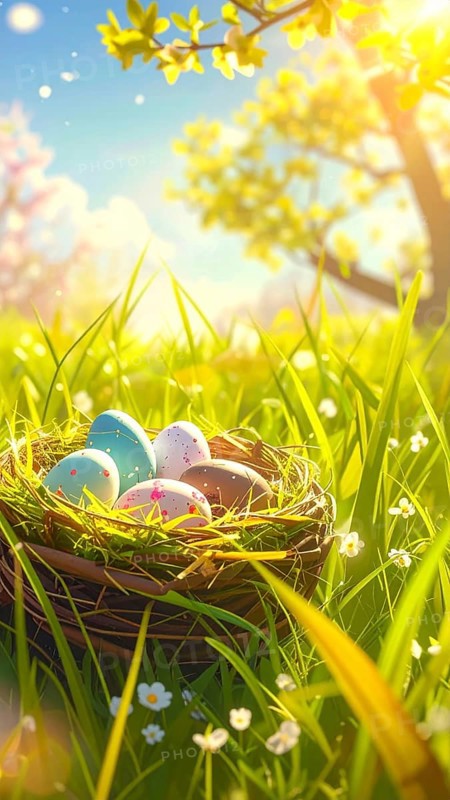 Nest with easter eggs in a basket on grass, sunny spring day, fresh beautiful landscape at daylight, soft focus for calm scenery, festive Easter decoration, wallpaper illustration banner, panorama, background, AI generated