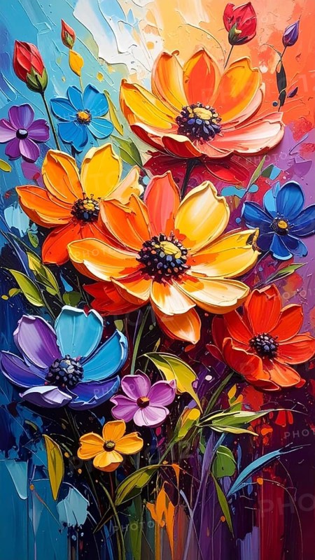 Closeup of abstract rough colorful multicolored organic floral spring flowers art painting texture, with oil acrylic brushstroke, pallet knife paint on canvas wallpaper, AI generated