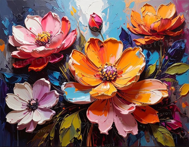 Closeup of abstract rough colorful multicolored organic floral spring flowers art painting texture, with oil acrylic brushstroke, pallet knife paint on canvas wallpaper, AI generated