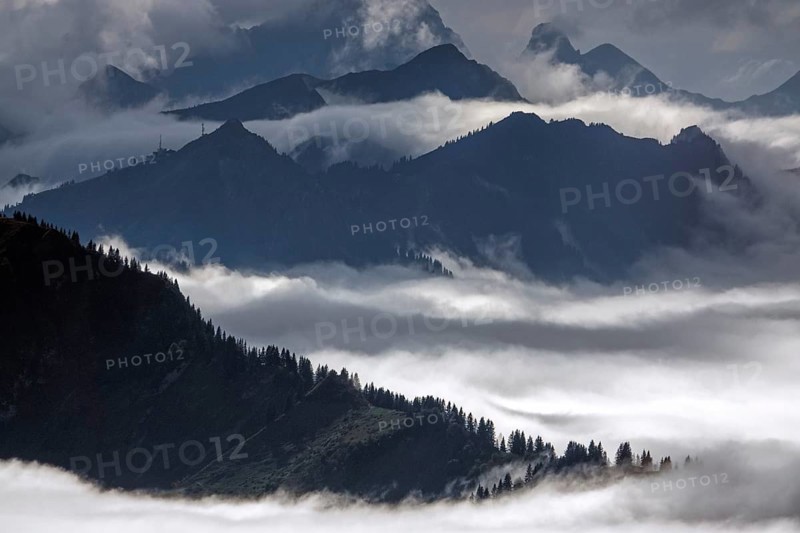 View from the Nebelhorn summit to mountains of the Allgäu Alps, mountains rising from fog in the valley, Oberstdorf, Oberallgäu, Allgäu, Bavaria, Germany