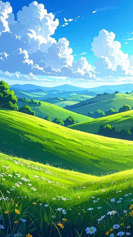 Fresh summer hilly Landscape with blooming Meadow, green plants, Blue Sky with cloudy sky, serene nature background, abstract vector illustration, AI generated