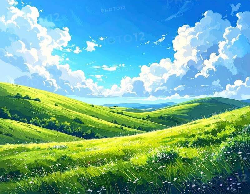 Fresh summer hilly Landscape with blooming Meadow, green plants, Blue Sky with cloudy sky, serene nature background, abstract vector illustration, AI generated