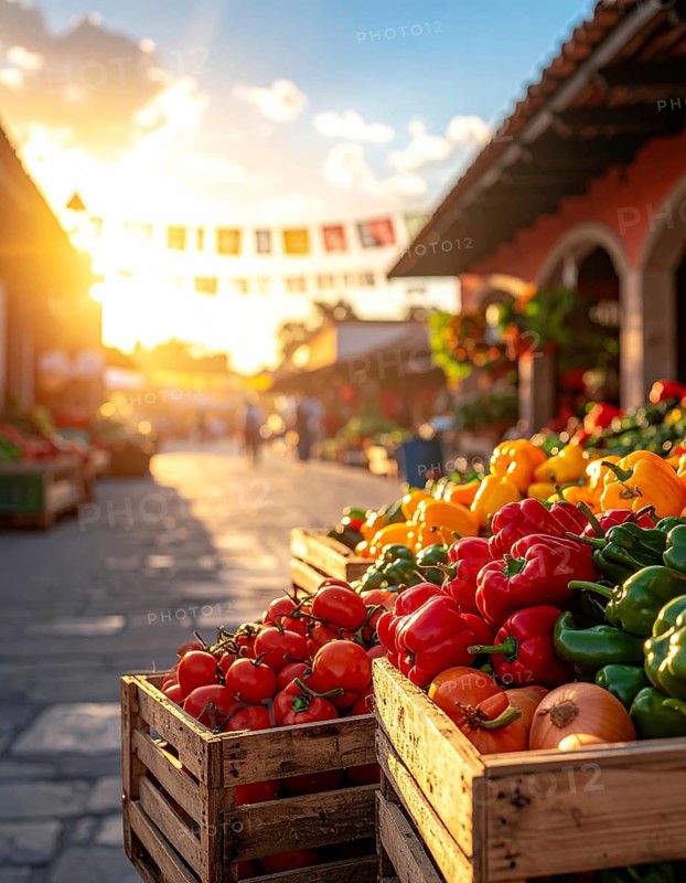 Traditional Mexican plaza with crates of peppers, onions, and tomatoes, economic prosperity in local trade, travel destination in America, AI generated