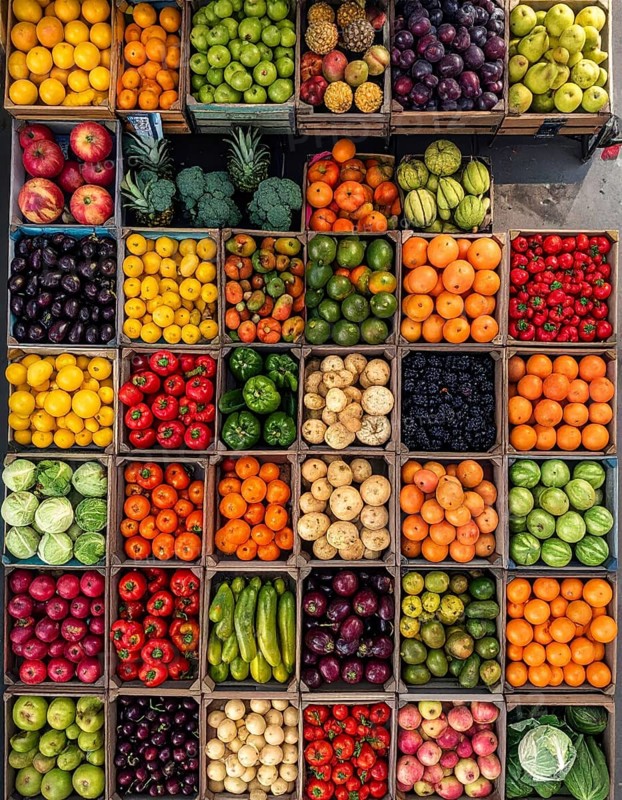 Fresh fruits and vegetables in a market display, aerial view perpendicular top down, healthy eating and lifestyle, AI generated