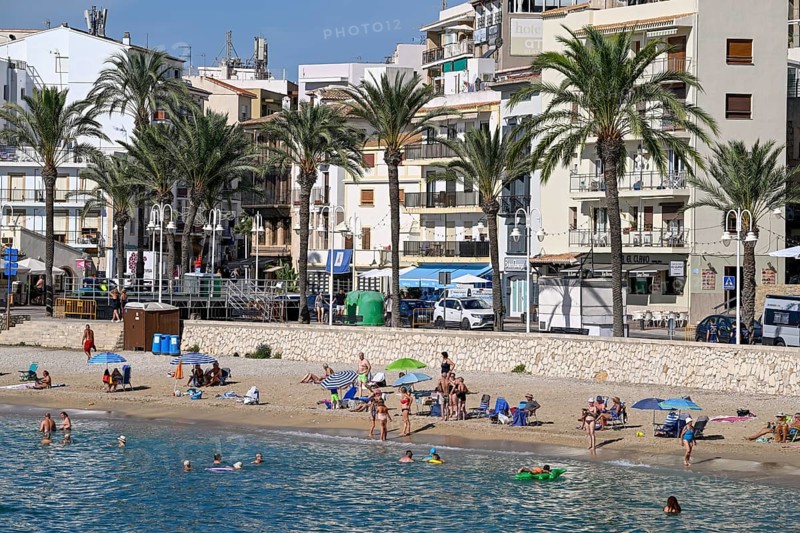View of the beach and old town of Jávea or Xàbia, Alicante Province, Comunidad Valenciana, Spain