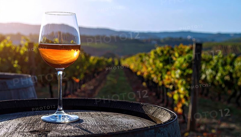 A glass of 10-year-old tawny wine placed on a barrel in a vineyard restaurant, vineyard landscape in blurred background, AI generated
