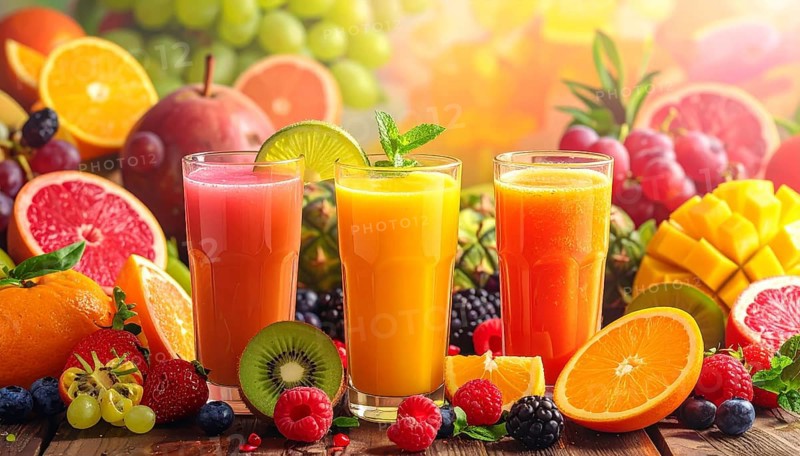 Fresh fruit juices in glasses, surrounded by colorful fruits, showcasing healthy drinking and eating, fitness and wellness lifestyle, AI generated
