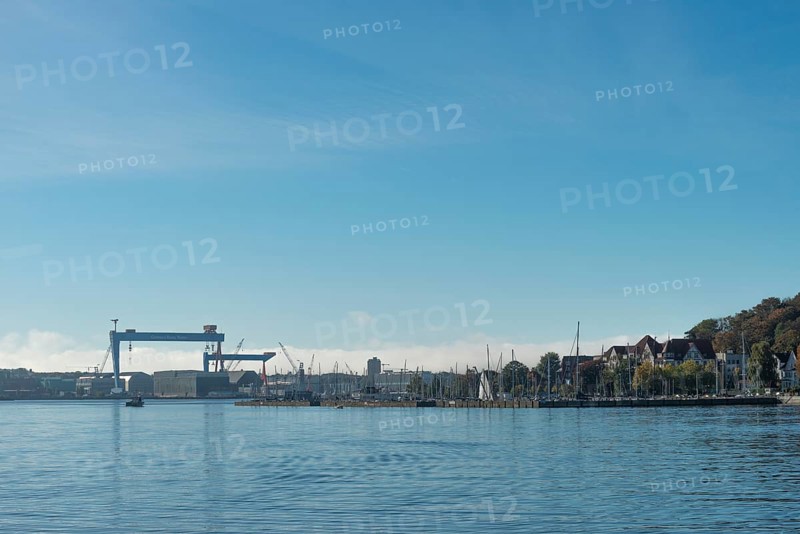 State capital Kiel, marina, shipyards, German Naval Yards, cranes, dry dock, Institute for World Economy, Kiel Fjord, Baltic Sea, Schleswig-Holstein, Germany
