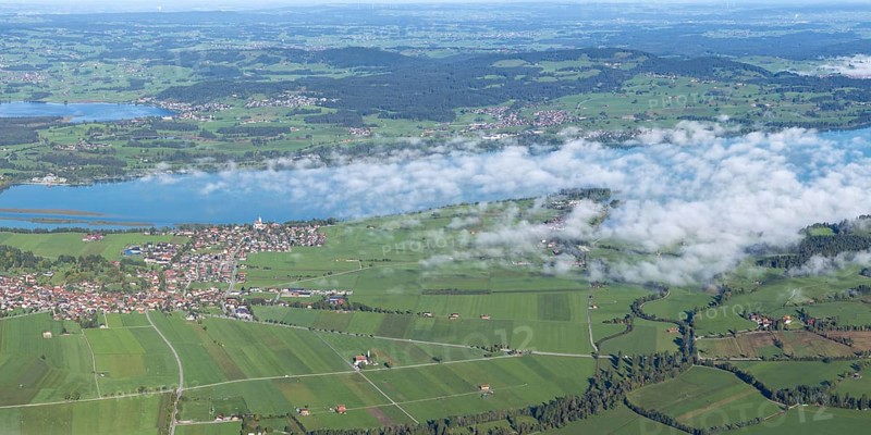 Panorama from Tegelberg, 1881m, on Schwangau, Waltenhofen, Hopfensee and Forggensee, Ostallgäu, Bavaria, Germany