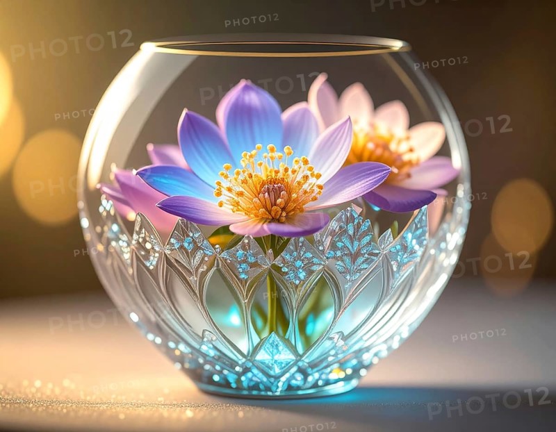 Crystal glass vase with vibrant blooming flowers, fresh spring and summer concept, AI generated