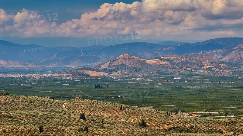 View of the plain, archaeological site, UNESCO World Heritage Site, Mycenae, Mycenae, important city in pre-classical times, Peloponnese, peninsula, Greece