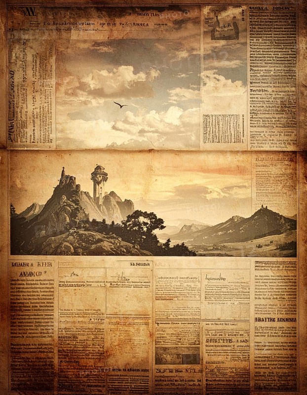 Grunge old public newspaper, texture background wallpaper illustration, vintage tattered yellow press news, AI generated