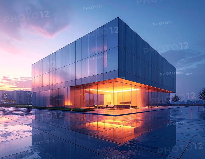 Modern building reflecting sunset light at dusk. Abstract Futuristic Business Background, AI generated
