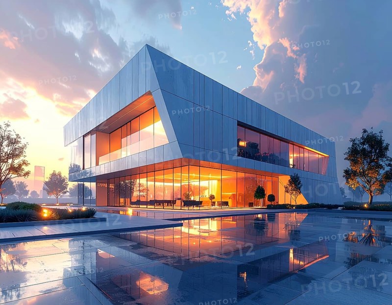 Modern building reflecting sunset light at dusk. Abstract Futuristic Business Background, AI generated