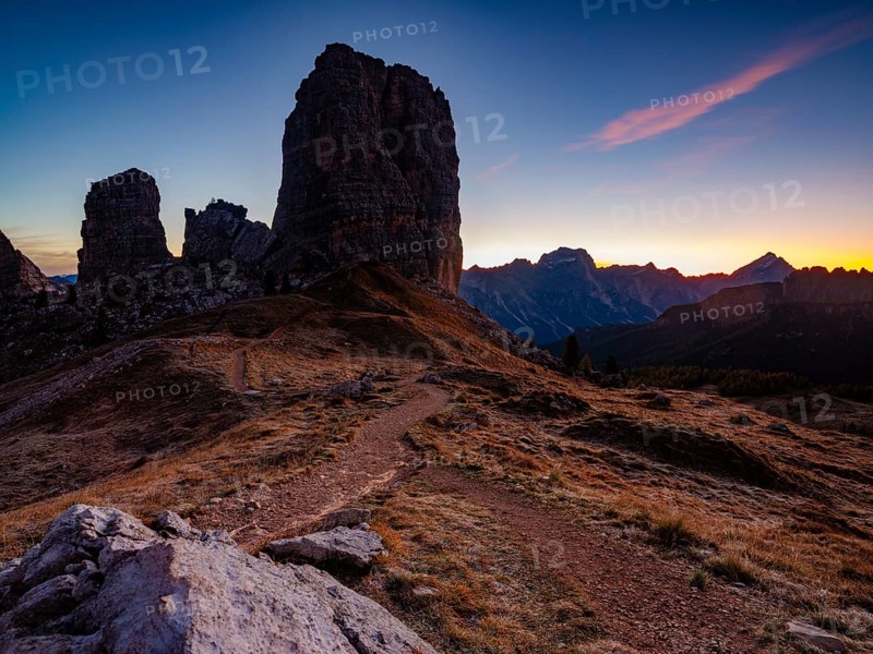 Five towers, Cinque Torri at dawn, climbing rocks, Dolomites, Alps, Belluno province, Veneto region, Italy