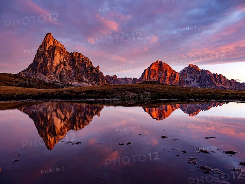 Alpine glow, reflection of the Ra Gusela and Tofane mountains at dawn, Passo di Giau, Giau Pass, Dolomites, Alps, Belluno province, Veneto region, Italy